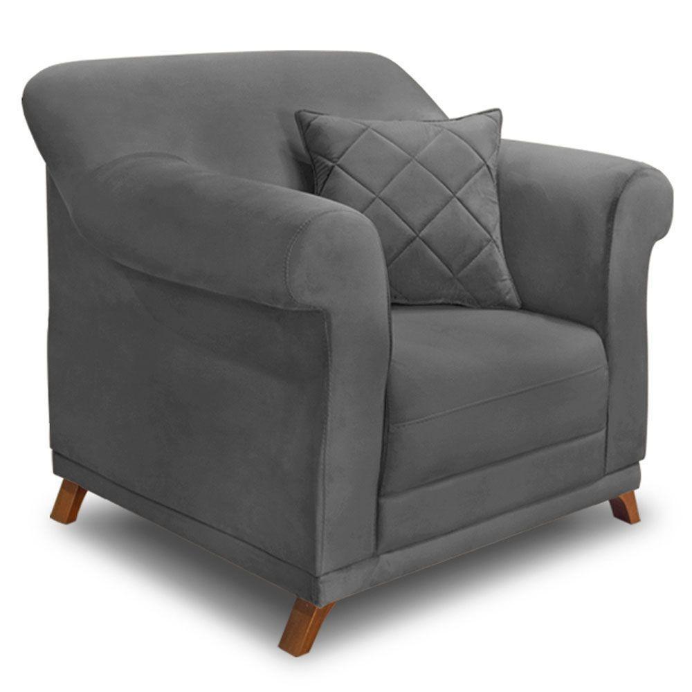 Poltrona Para Sala De Estar Suede Pés Castanho Cinza - 1