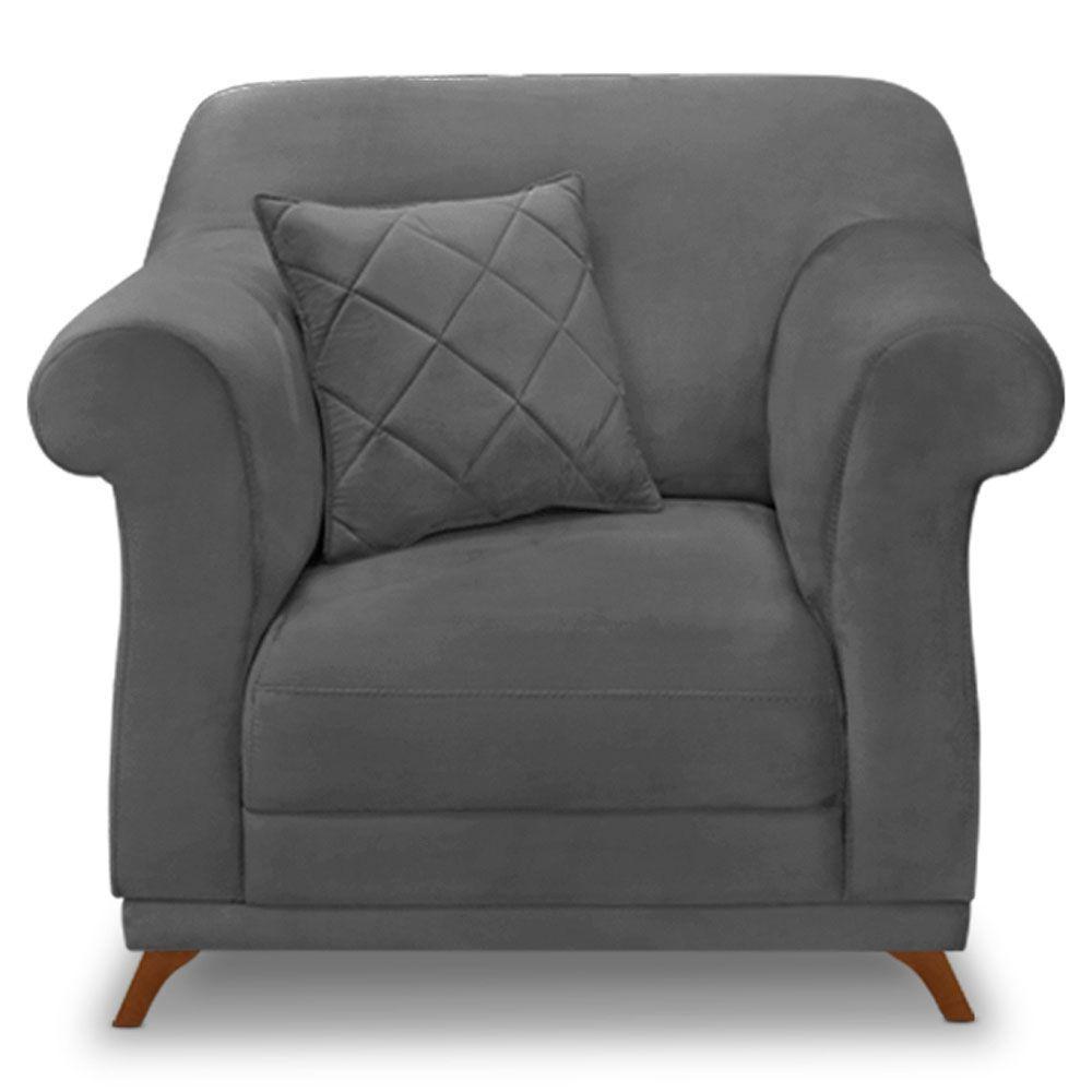 Poltrona Para Sala De Estar Suede Cinza Pés Castanho - 6