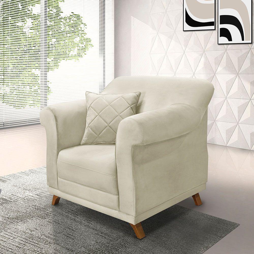 Poltrona Para Sala De Estar Veludo Pés Castanho Bege - 7