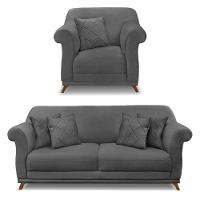 Kit Poltrona E Sofá 2 Lugares 1,80m Suede Pés Castanho Cinza - 1