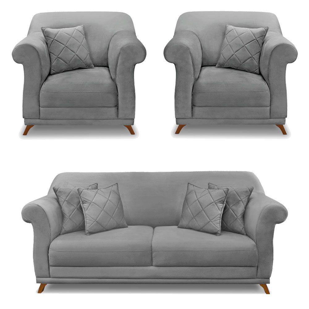 Kit 2 Poltronas E Sofá 2 Lugares 1,60m Veludo Cinza Grafite - 1