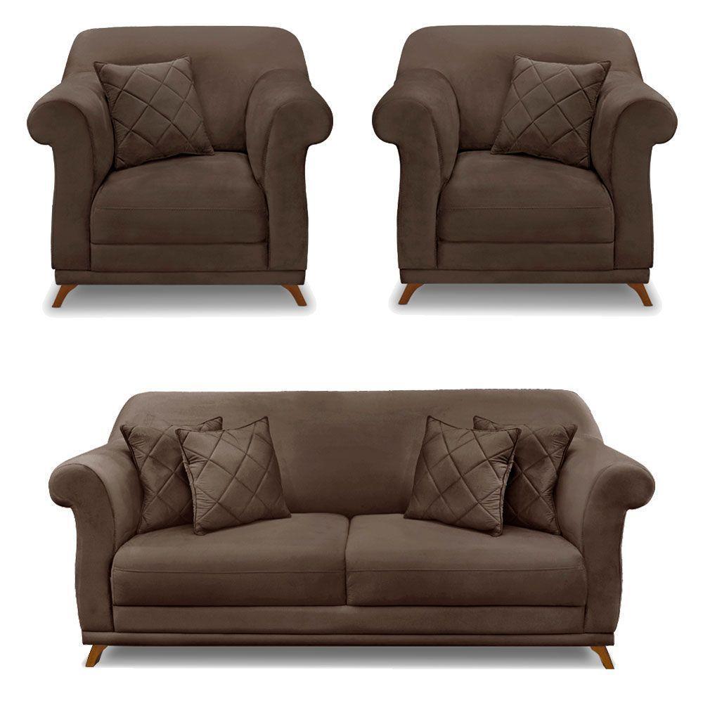 Kit 2 Poltronas E Sofá 2 Lugares 1,60m Veludo Marrom - 1