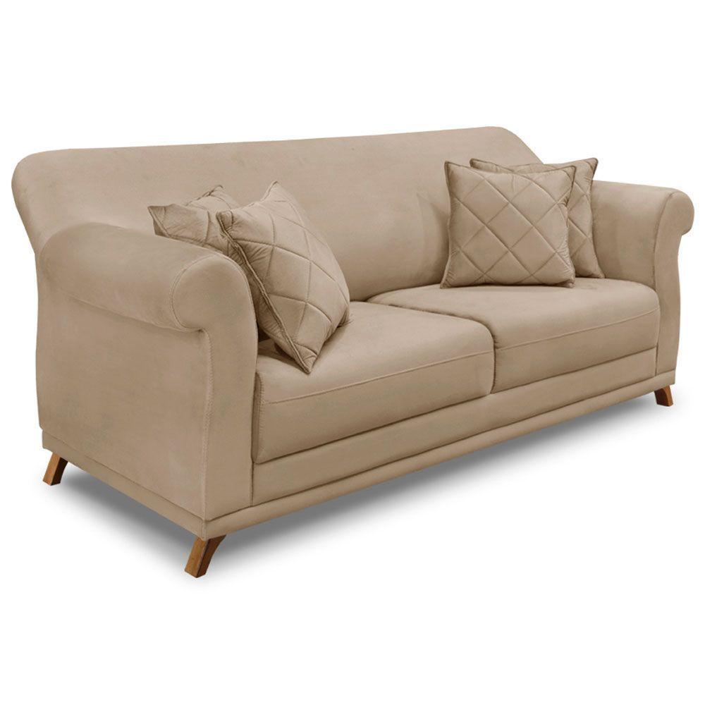 Kit Poltrona E Sofá 2 Lugares 1,80m Suede Bege Pés Castanho - 5