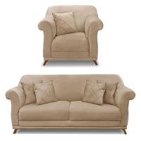 Kit Poltrona E Sofá 2 Lugares 1,80m Suede Bege Pés Castanho - 1