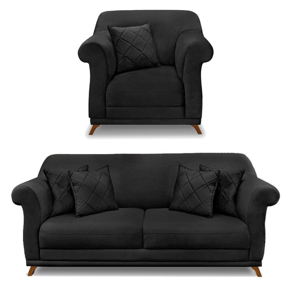 Kit Poltrona E Sofá 2 Lugares 1,60m Veludo Preto - 1