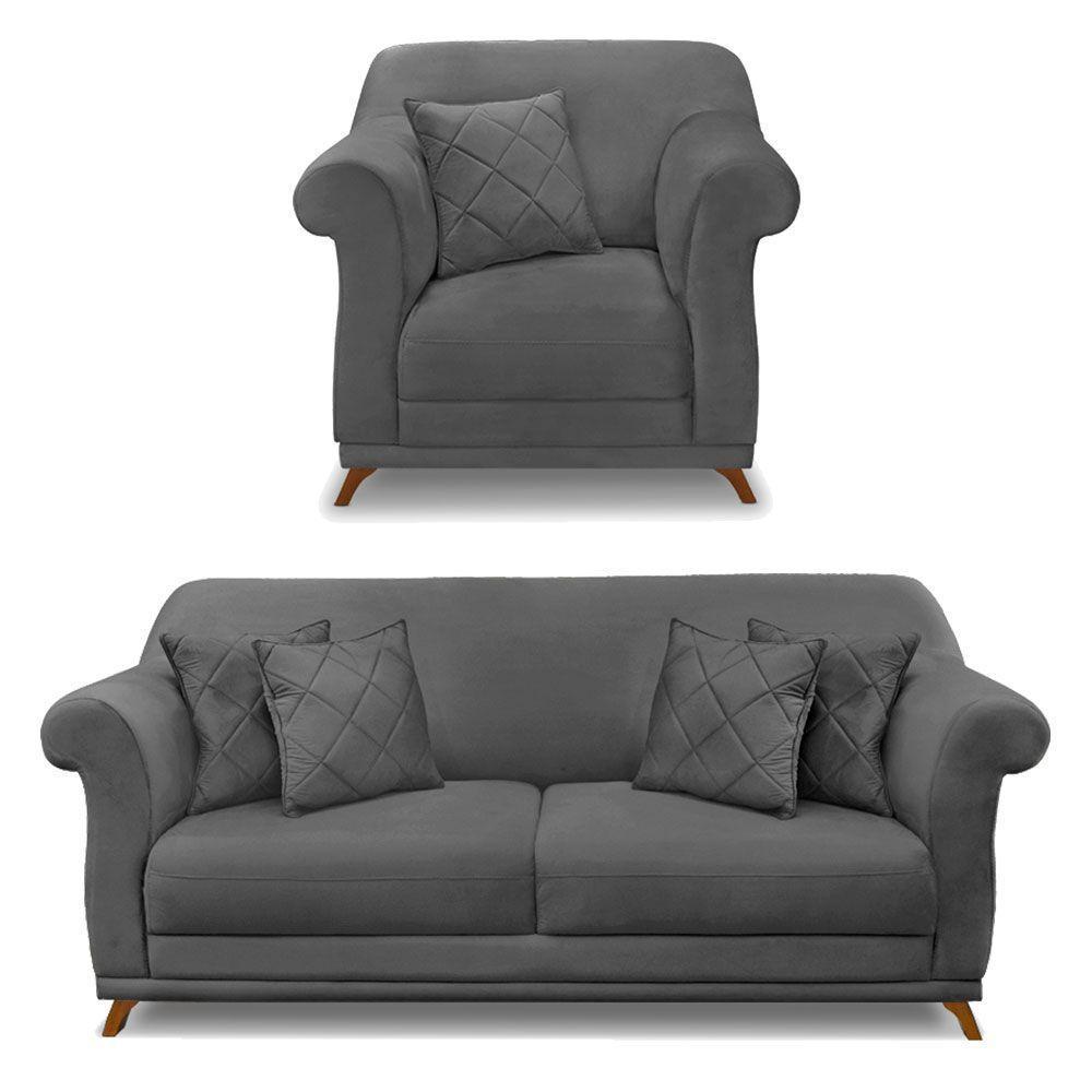 Kit Poltrona E Sofá 2 Lugares 1,60m Suede Pés Castanho Cinza - 1