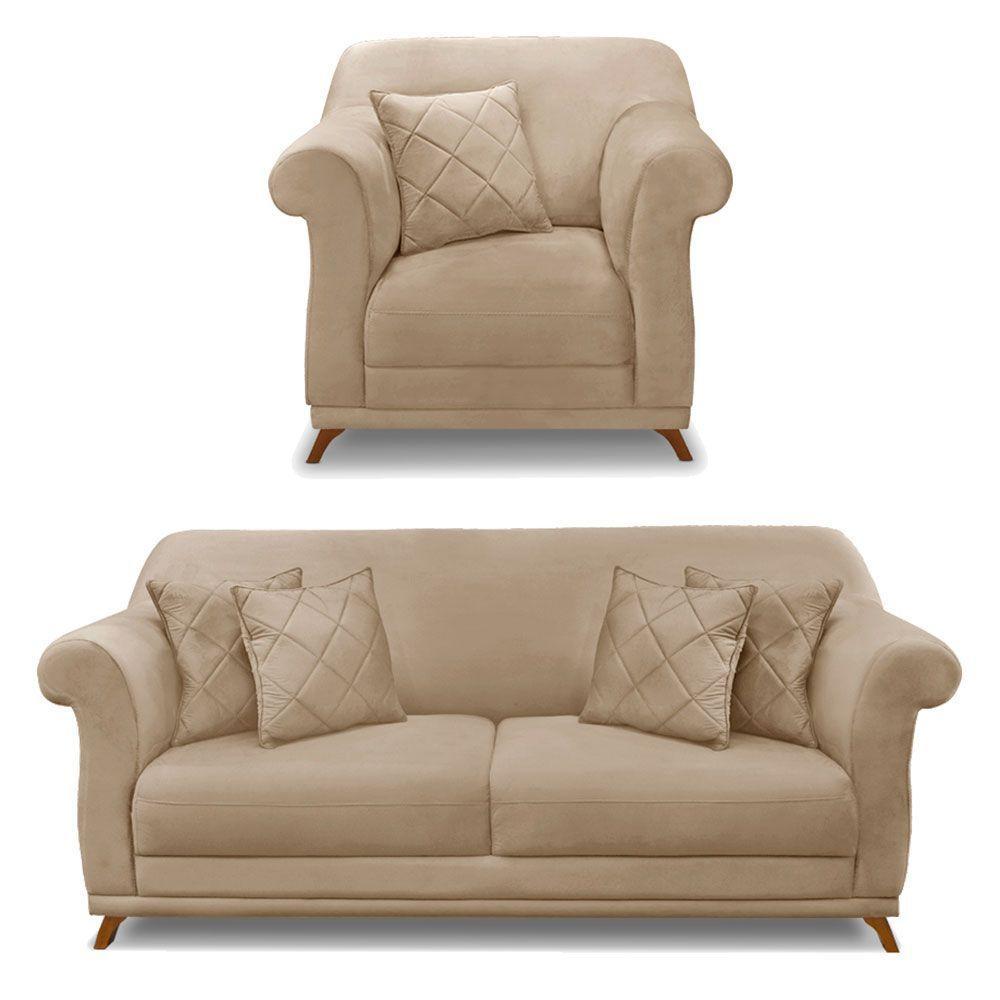 Kit Poltrona E Sofá 2 Lugares 1,60m Suede Bege Pés Castanho - 1