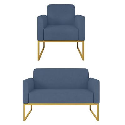 Kit Namoradeira E Poltrona Decorativa Maressa S04 Suede Azul Dourado Azul Marinho Ibiza