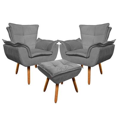 Kit 2 Poltronas Pés Palito Com Puff Opla Grafite