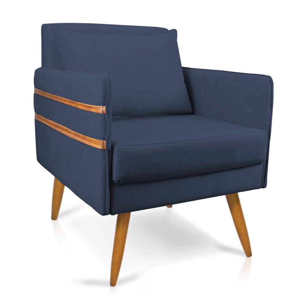 Poltrona Mari Suede Azul Marinho Pés Palito Castanho - 1