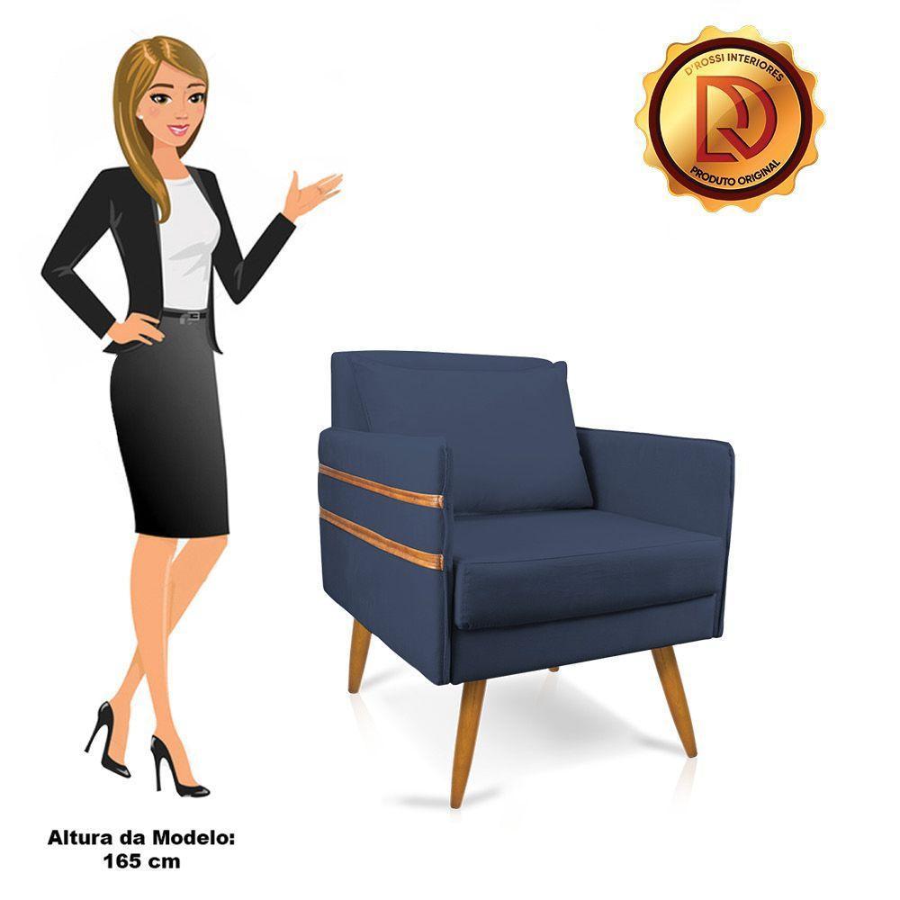 Poltrona Mari Suede Azul Marinho Pés Palito Castanho - 4