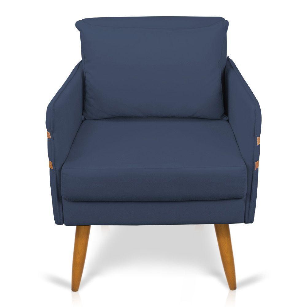 Poltrona Mari Suede Azul Marinho Pés Palito Castanho - 6