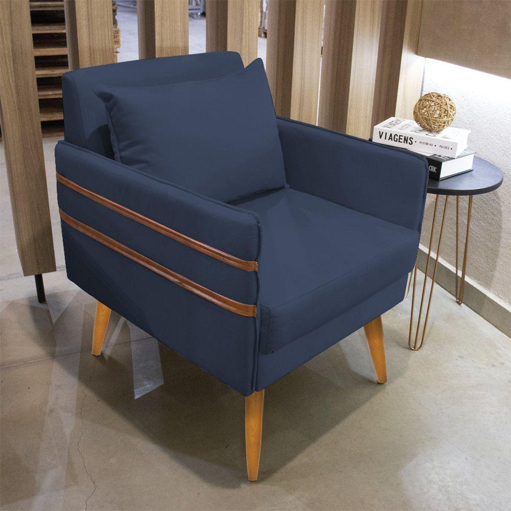 Poltrona Mari Suede Azul Marinho Pés Palito Castanho - 7