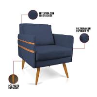 Poltrona Mari Suede Azul Marinho Pés Palito Castanho - 3