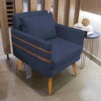 Poltrona Mari Suede Azul Marinho Pés Palito Castanho - 7