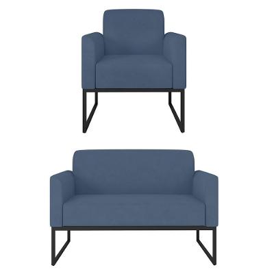 Kit Namoradeira E Poltrona Decorativa Maressa S04 Suede Azul Preto Ibiza