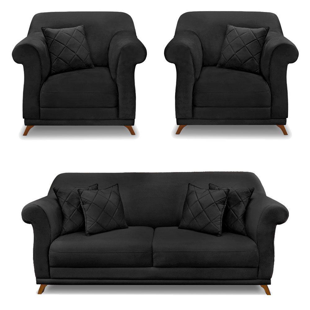 Kit 2 Poltronas E Sofá 2 Lugares 1,80m Pés Castanho Preto - 1