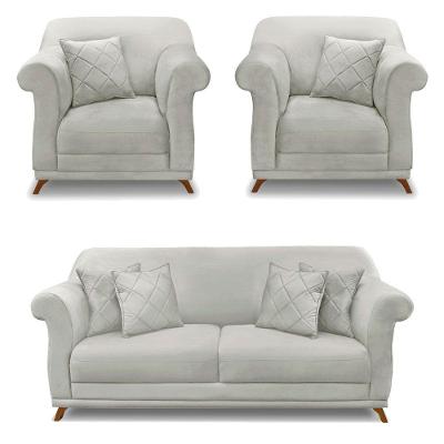 Kit 2 Poltronas E Sofá 1,80m Pés Castanho Cinza Prata