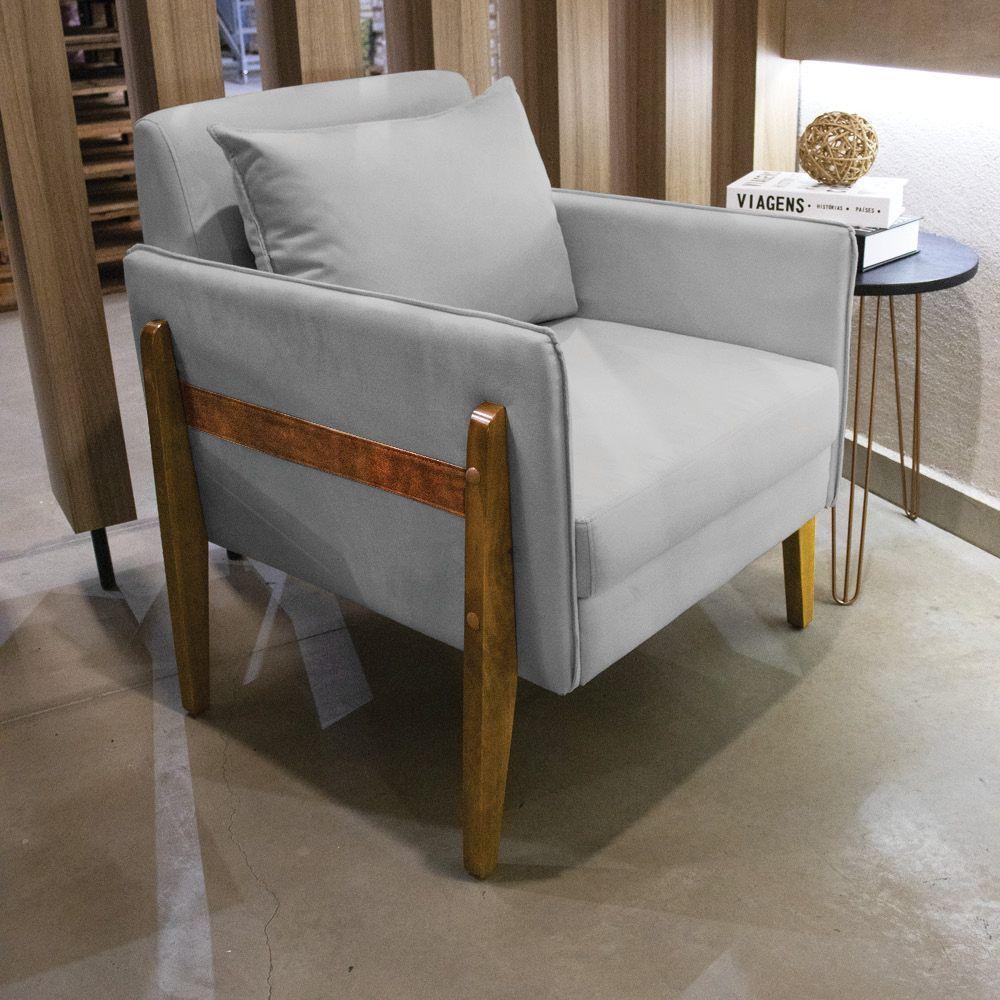 Poltrona Lana Suede Cinza Base De Madeira - D'rossi - 7