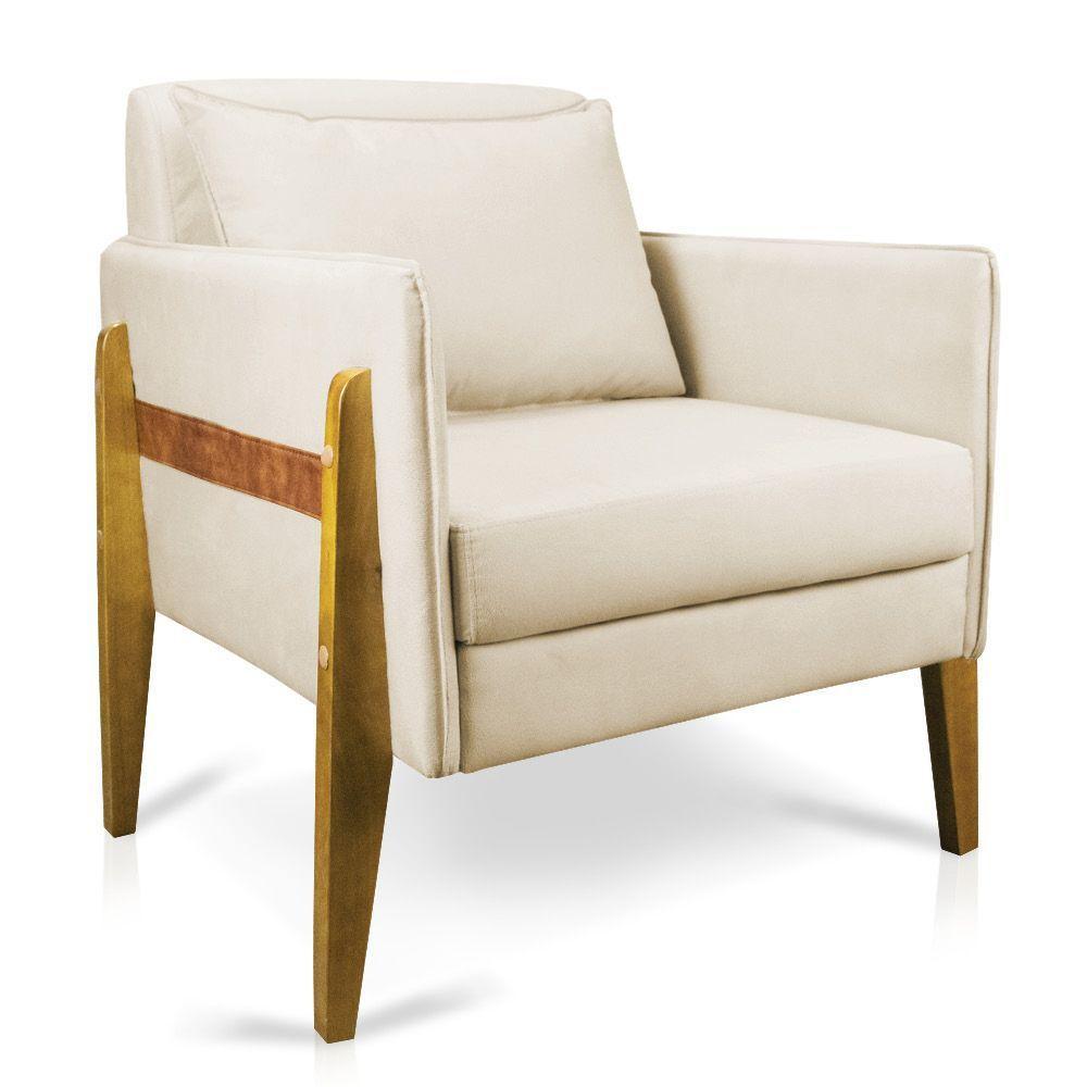 Poltrona Lana Suede Bege Base De Madeira - D'rossi - 1