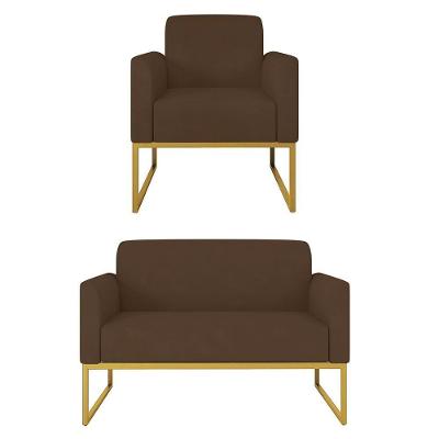 Kit Namoradeira E Poltrona Decorativa Maressa S06 Suede Marrom Dourado Ibiza