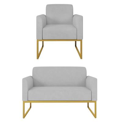 Kit Namoradeira E Poltrona Decorativa Maressa S10 Suede Cinza Dourado Ibiza