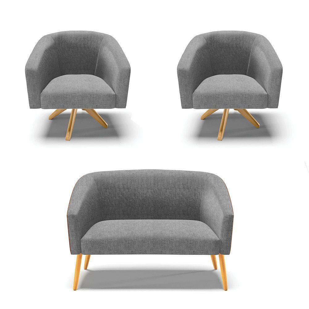 Kit 1 Namoradeira E 2 Poltronas Nozes Com Grafite Madeira - 1