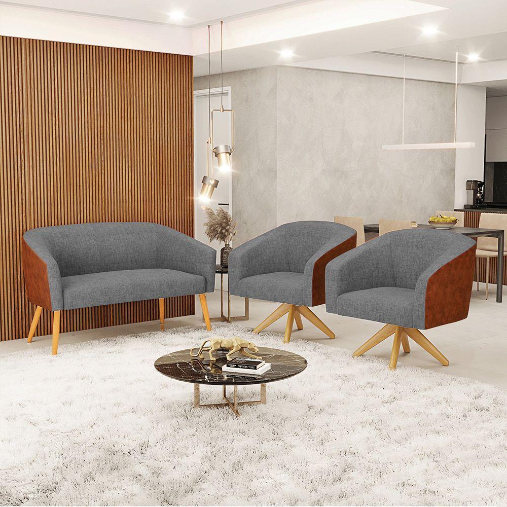 Kit 1 Namoradeira E 2 Poltronas Nozes Com Grafite Madeira - 8