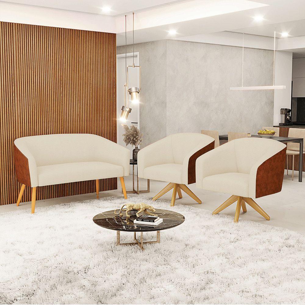 Kit 1 Namoradeira E 2 Poltronas Nozes Com Bege A19 Madeira - 8