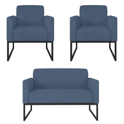 Kit Namoradeira E 2 Poltronas Decorativas Maressa S04 Suede Azul Preto Ibiza