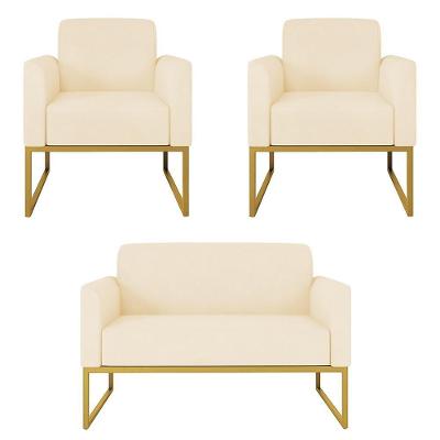 Kit Namoradeira E 2 Poltronas Decorativas Maressa S03 Suede Bege Dourado Ibiza