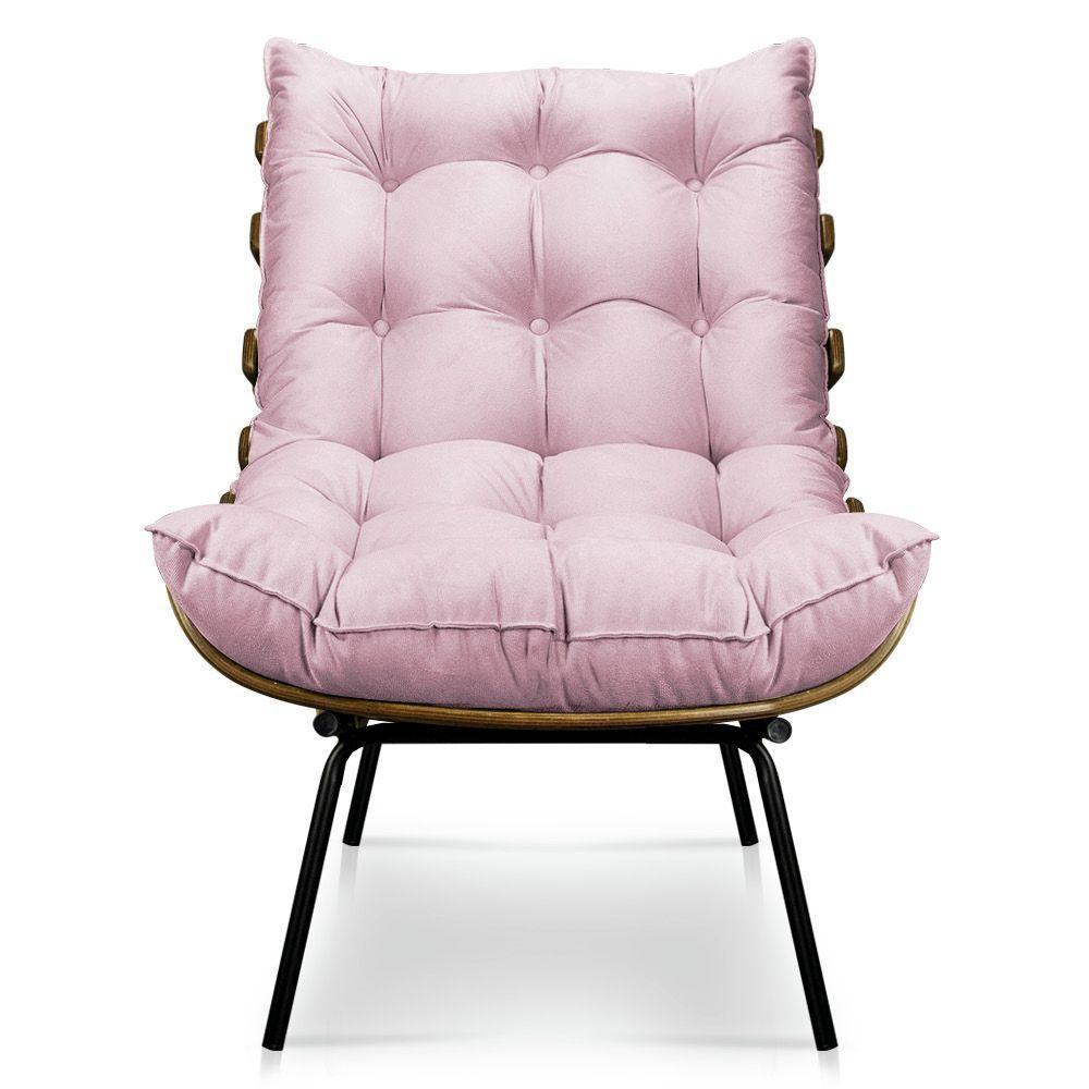 Kit Poltrona Costela Com Puff Para Sala Suede Rosa Bebê - 2