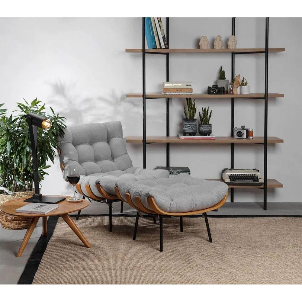 Kit Poltrona Costela Com Puff Para Sala Linho Cinza - 12