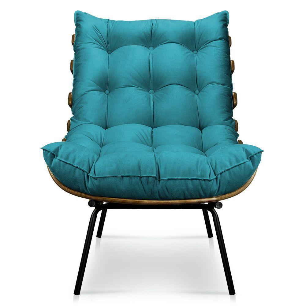 Kit Poltrona Costela Com Puff Para Sala Suede Azul Turquesa - 4
