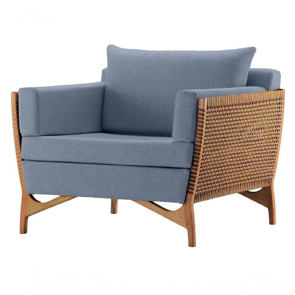 Poltrona Com Braço Cutiê Linho Azul Madeira Cedro Corda Fita Poliéster - 1