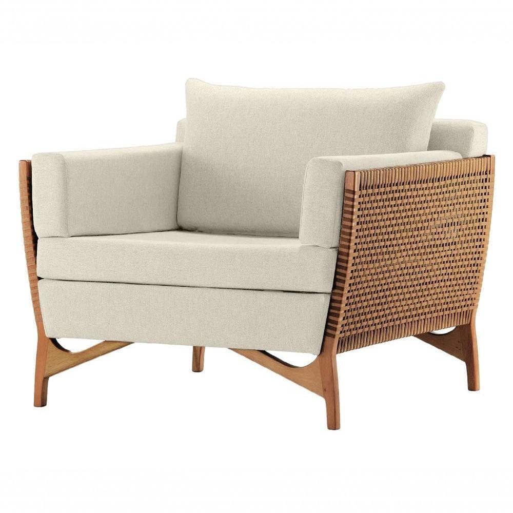 Poltrona Com Braço Cutiê Linho Bege Madeira Cedro Corda Fita Poliéster - 1