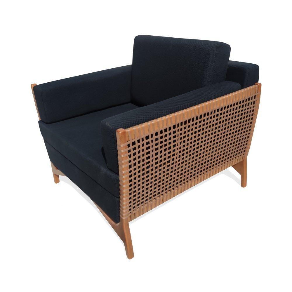 Poltrona Com Braço Cutiê Algodão Impermeável Azul Madeira Cedro Corda Fita Poliéster - 9