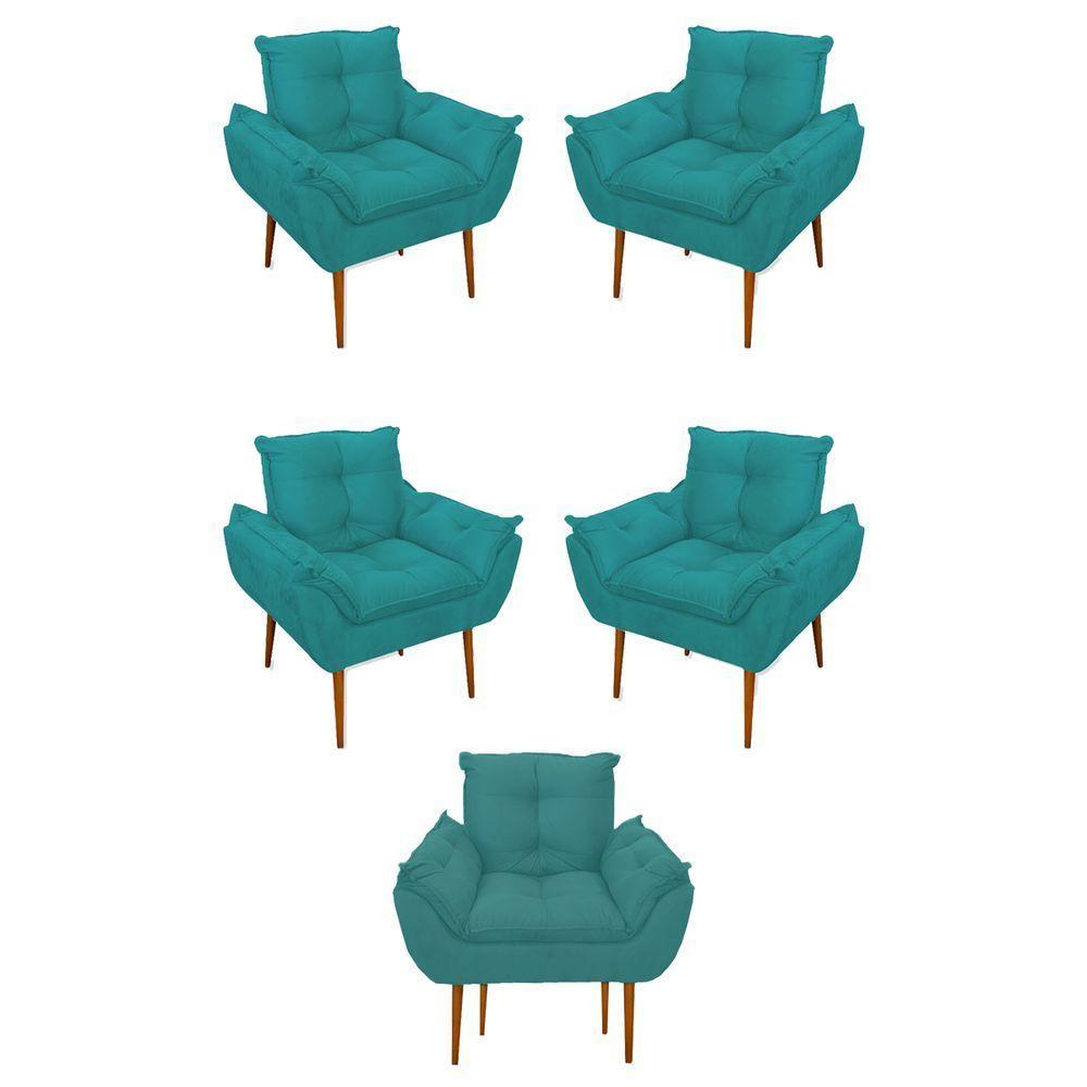 Kit 05 Poltrona Opala Sofá Sala, Quarto, Escritório Suede Cor:azul Turquesa - 1