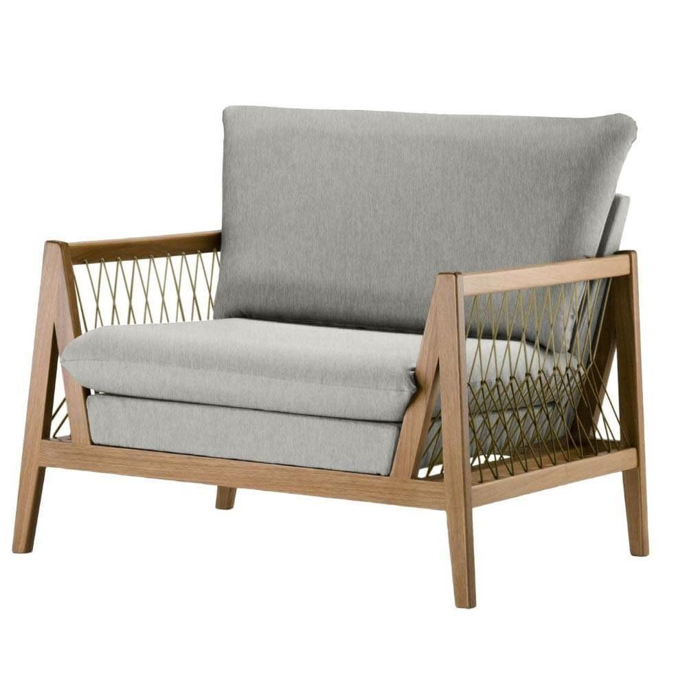 Poltrona Com Braço Pleno Algodão Cinza Madeira Cedro Corda Chata Poliéster Palha - 1