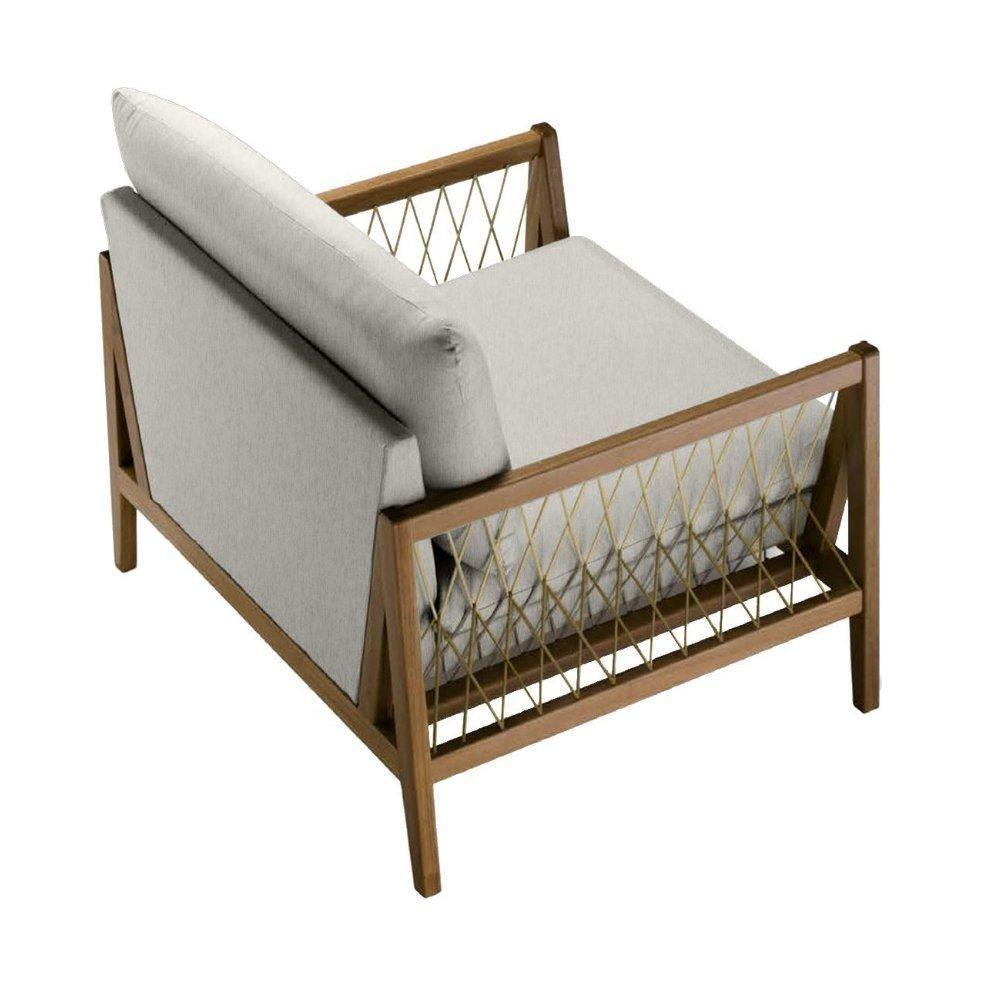 Poltrona Com Braço Pleno Algodão Cinza Madeira Cedro Corda Chata Poliéster Palha - 5