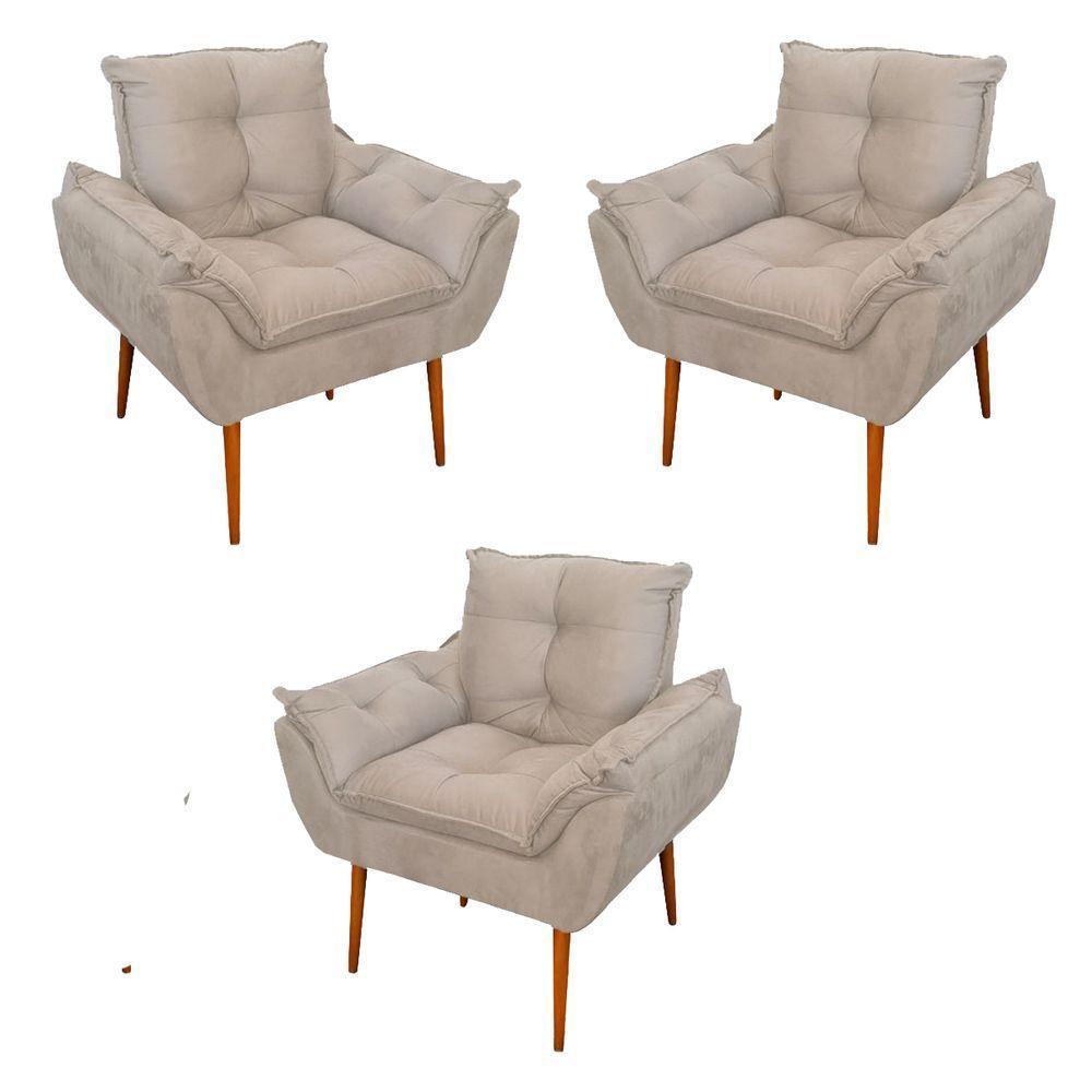 Kit 03 Poltronas Opala Confortável Sala, Quarto Cor:bege - 1