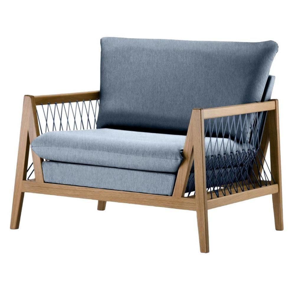 Poltrona Com Braço Pleno Algodão Azul Madeira Cedro Corda Chata Poliéster Azul - 1