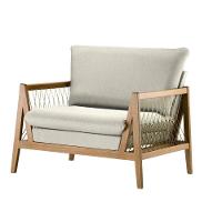 Poltrona Com Braço Pleno Algodão Bege Madeira Cedro Corda Chata Poliéster Palha - 1