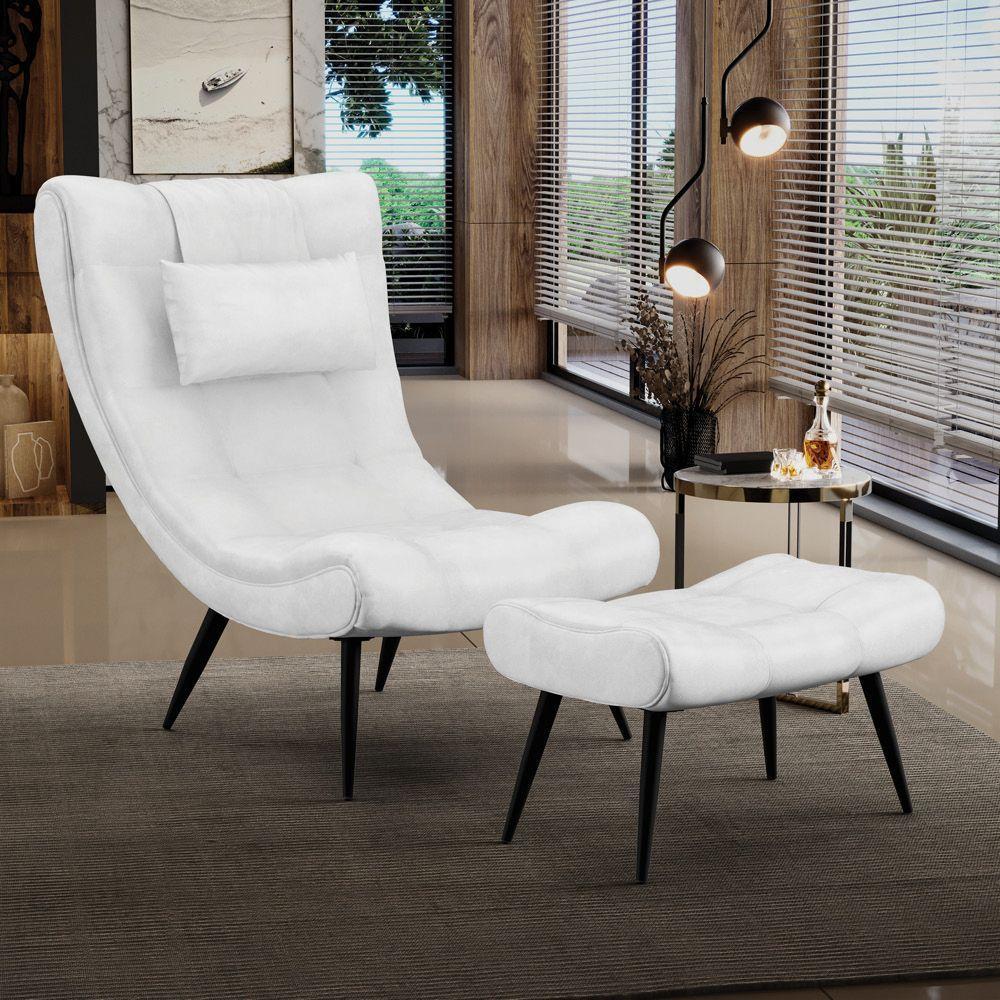 Kit 01 Poltrona E 01 Puff Sher Corano Branco Pés De Ferro - 6