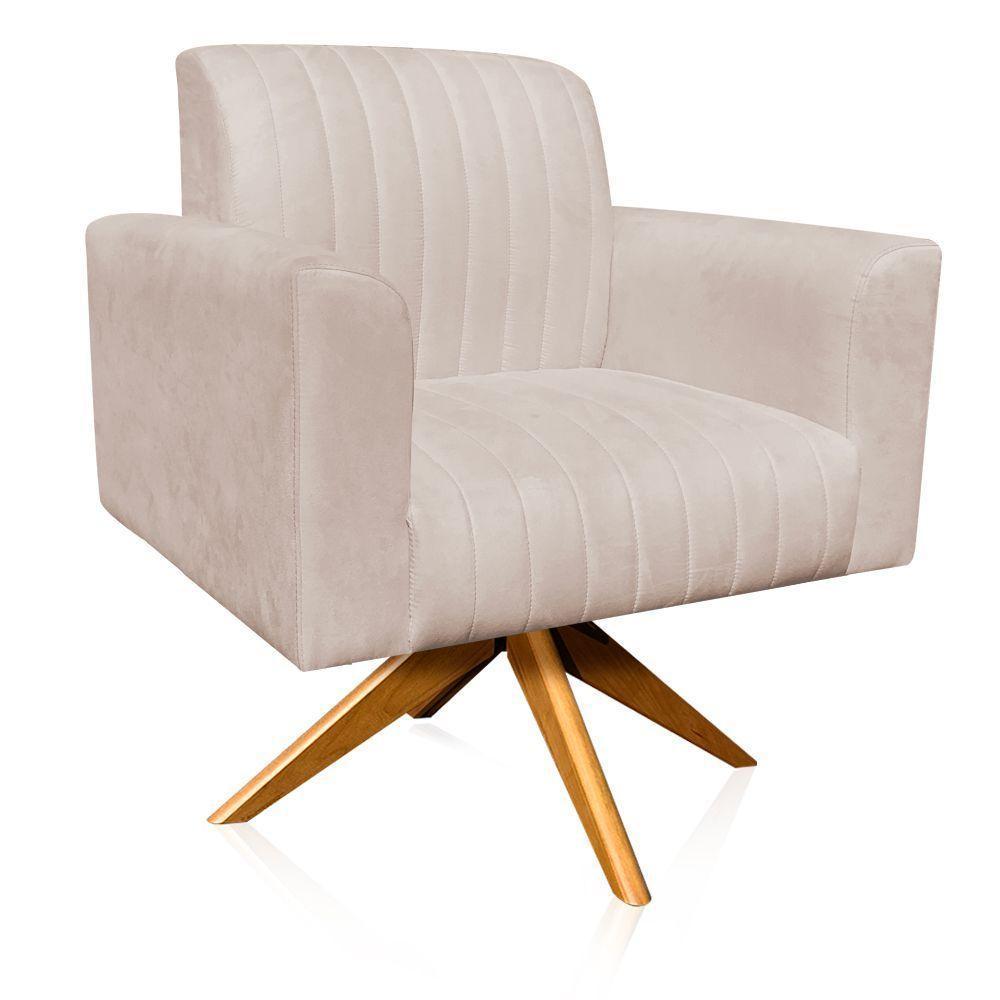 Poltrona Giratória Gomada Bege Base Madeira - 6