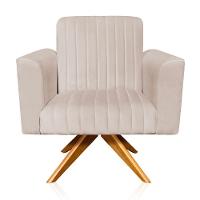 Poltrona Giratória Gomada Bege Base Madeira - 1