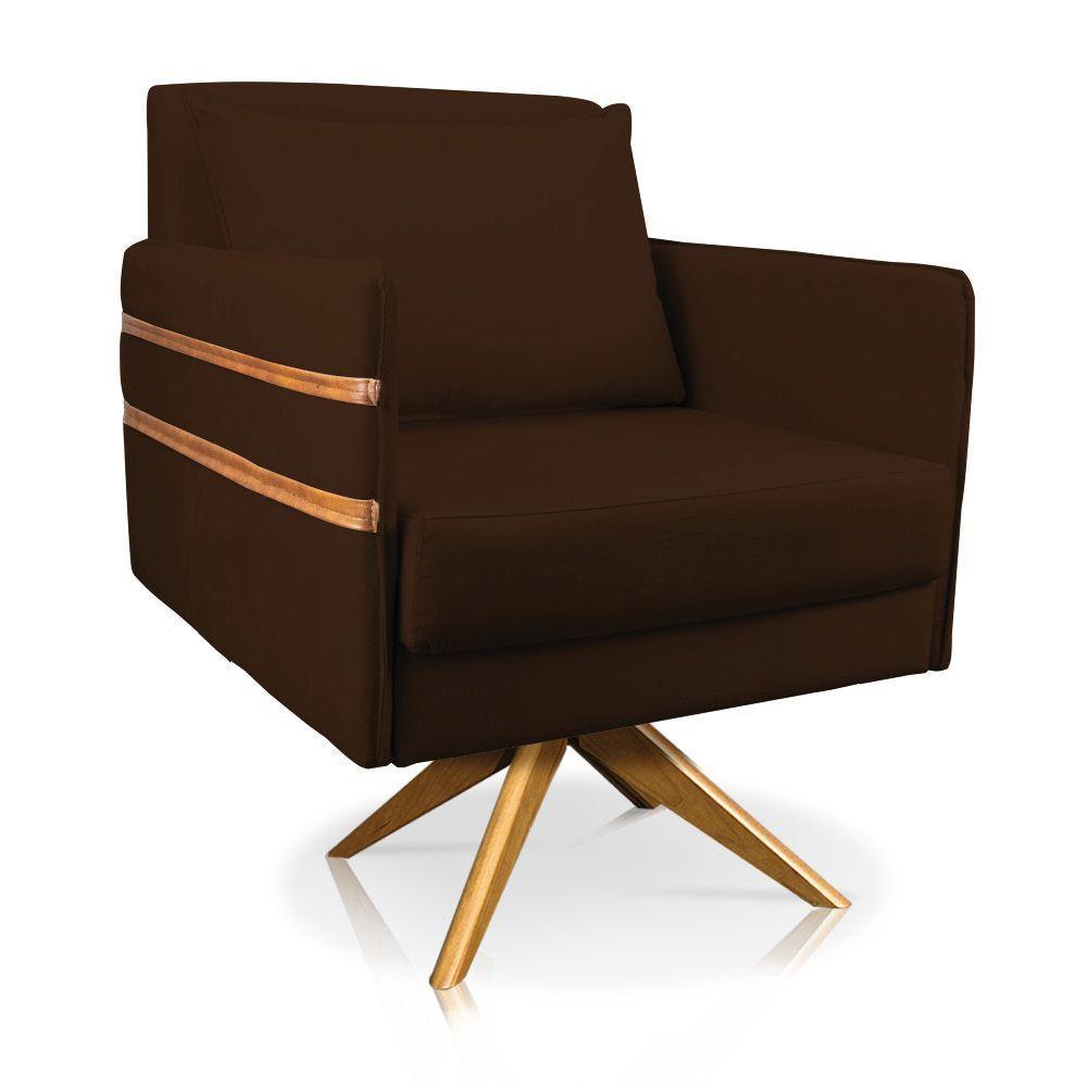 Poltrona Giratória Mari Suede Marrom Base De Madeira Ma30 - 1