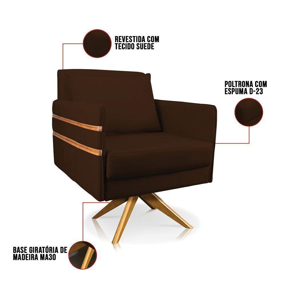 Poltrona Giratória Mari Suede Marrom Base De Madeira Ma30 - 5
