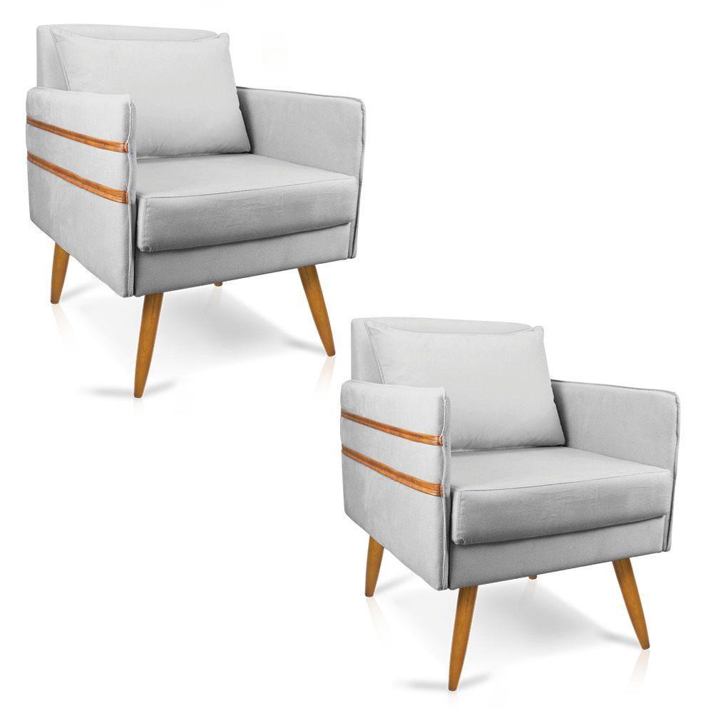 Kit 02 Poltronas Mari Suede Pés Palito Castanho Cinza - 1