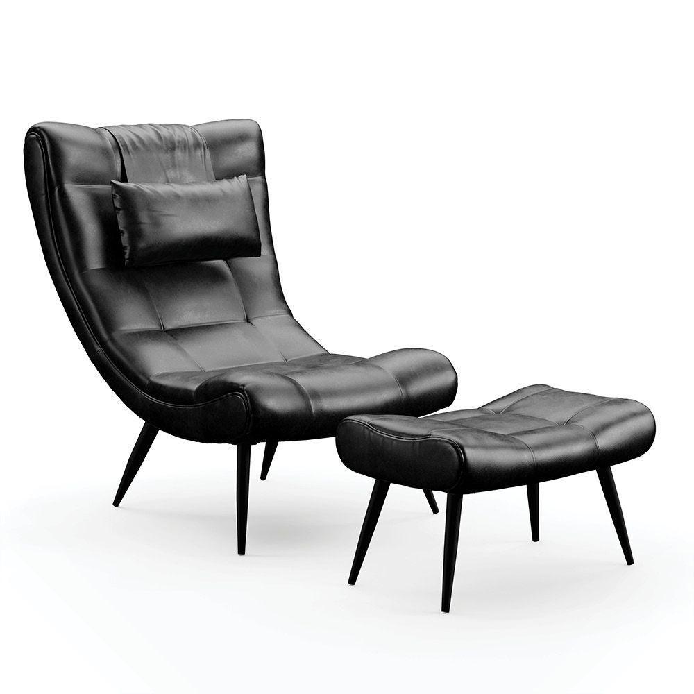 Kit 01 Poltrona E 01 Puff Sher Corano Pés De Ferro Cor Preto - 1